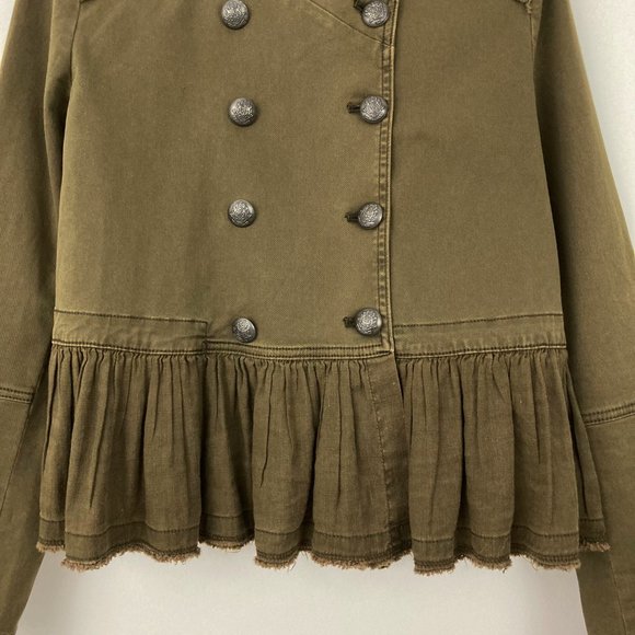 Free People Ruffle Hem Military Jacket Size S Double Breasted Peplum Green - Picture 7 of 11